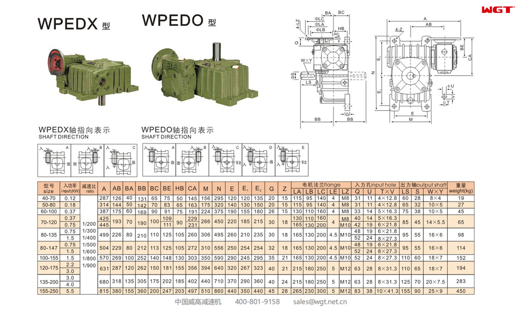 WPEDO155-250 worm gear reducer double speed reducer 